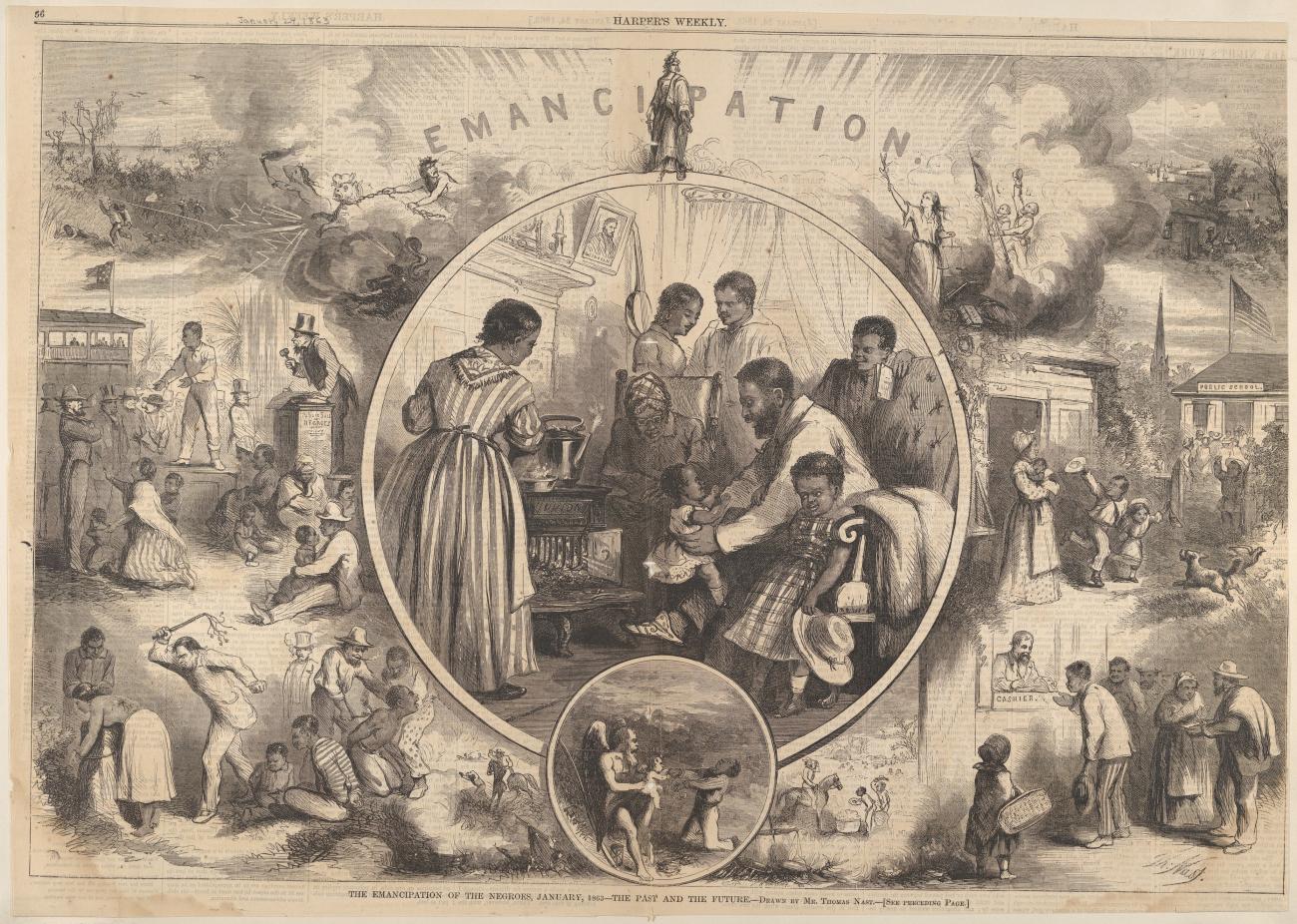 large central vignette an African American family enjoy domestic tranquility around a "Union" stove while, immediately below, a baby symbolizing the New Year breaks the shackles of a kneeling slave. Scenes at left detail horrors associated with slavery–whipping, branding and the separation of families. At right, these are contrasted with future blessings–payment for work, public education, and enjoying one’s own home, goals that could only be realized if the Union won the war.