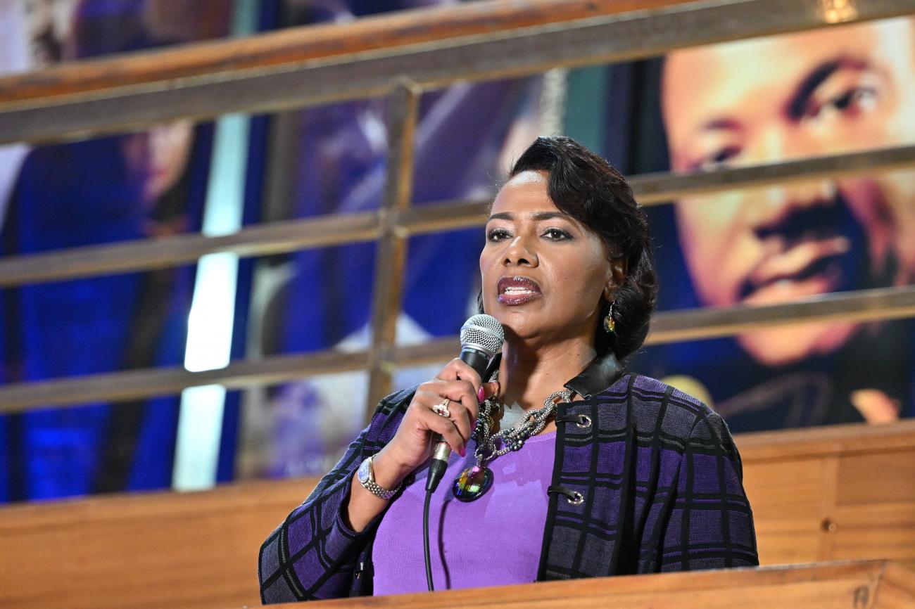 Dr. Bernice King speaks onstage during the 38th Annual King Holiday Observance kick-off reception and "It Starts With ME!" book signing at The King Center on January 10, 2023 in Atlanta, Georgia.