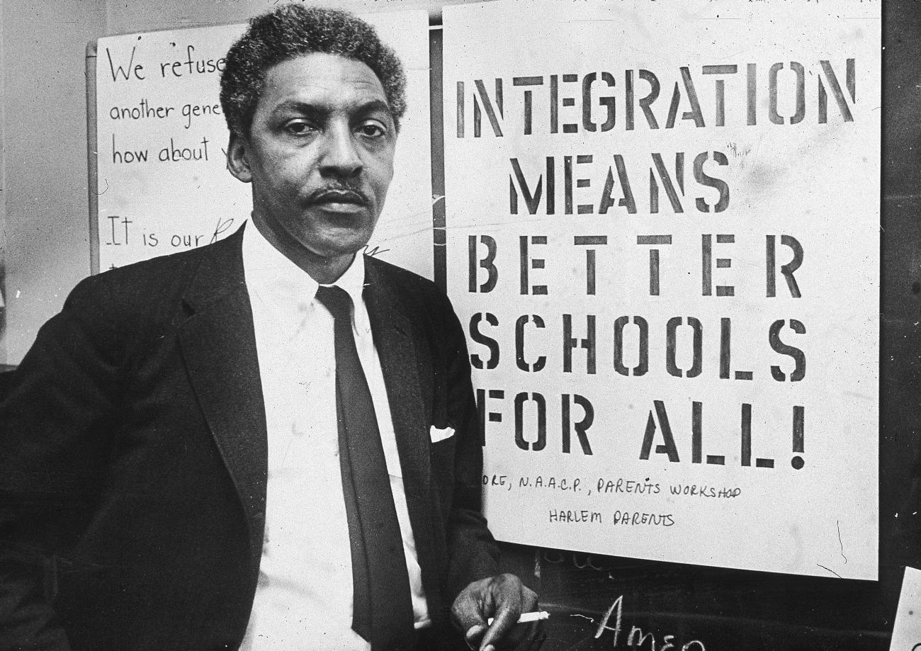 2nd February 1964: American civil rights activist Bayard Rustin (1912 - 1987), spokesman for the Citywide Committee for Integration, at the organization's headquarters at Silcam Presbyterian Church, Brooklyn, New York City.