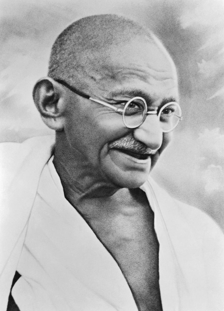 Black and white portrait of Mahatma Gandhi