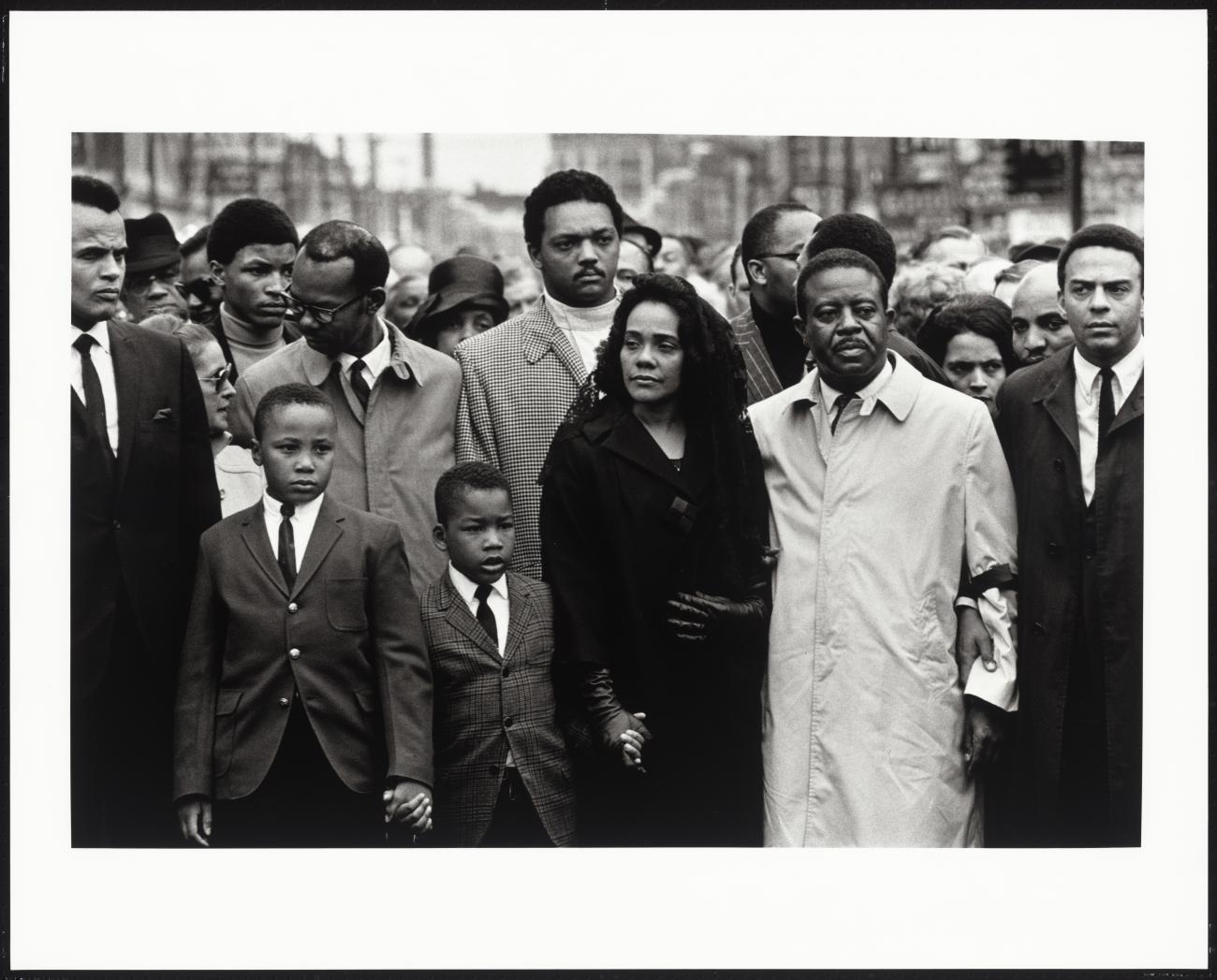 Martin Luther King, Jr. Funeral: King Family and Friends. Image includes Coretta Scott King, Rev. Jesse Jackson, Harry Belafonte Jr.