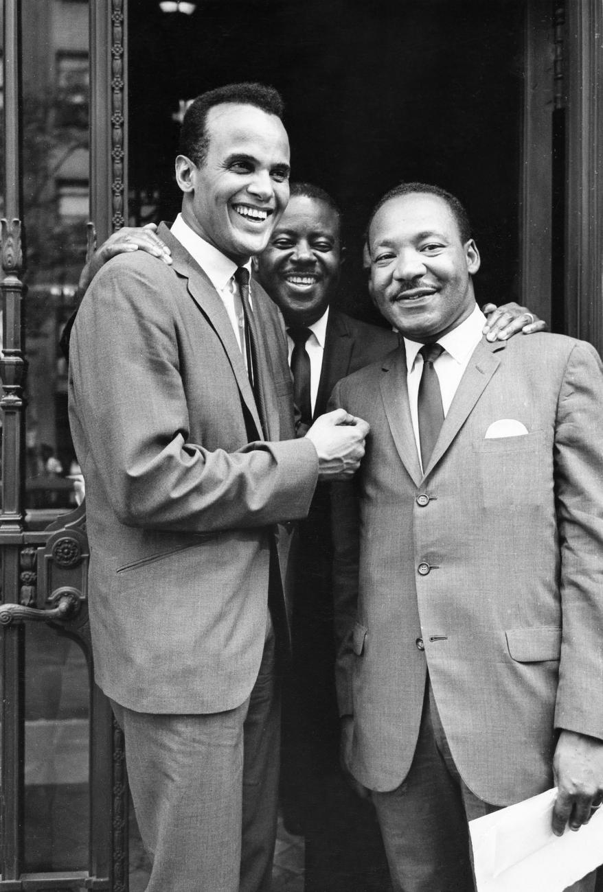 Harry Belafonte pictured with civil rights legends Dr. Martin Luther King Jr. and Ralph Abernathy.