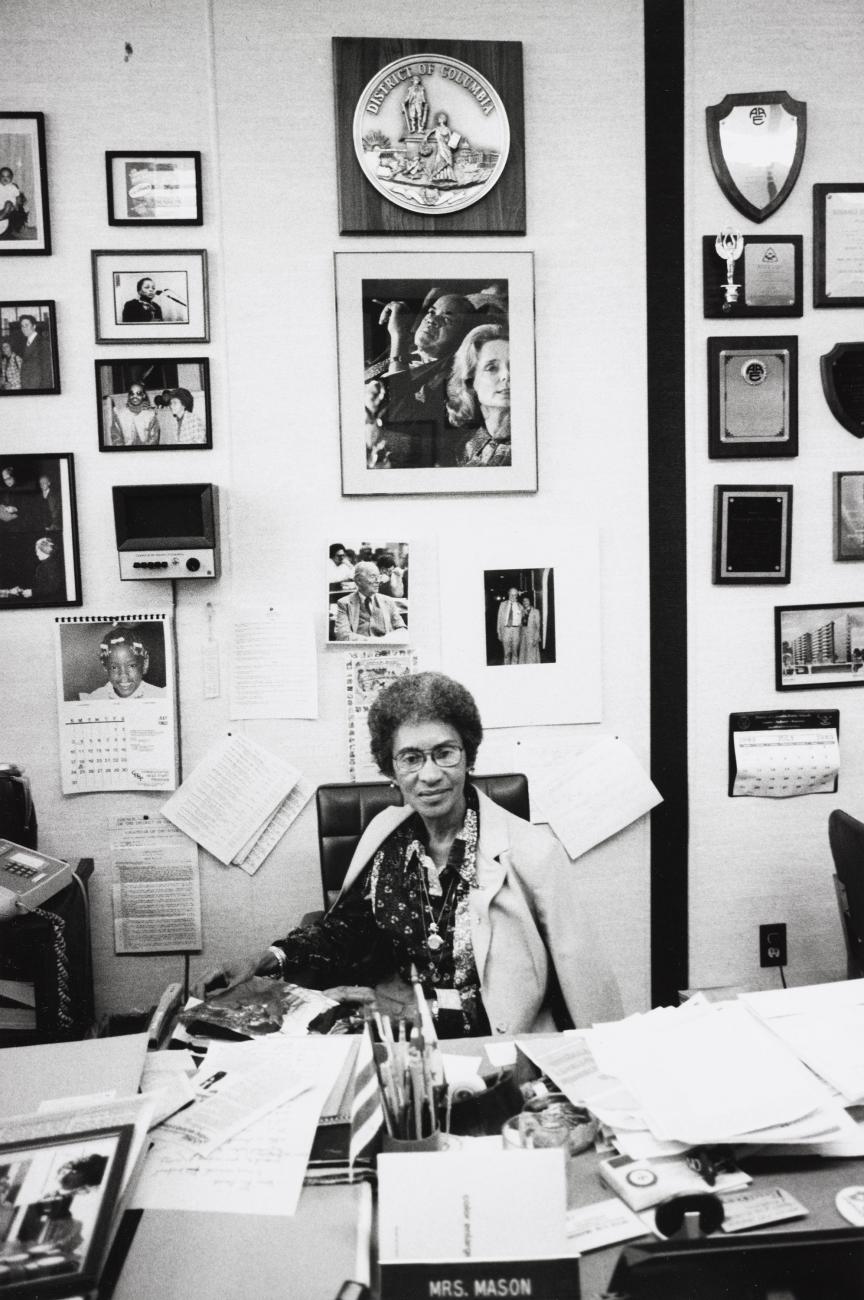 photograph of Hilda Mason, D.C. councilwoman seated at her desk