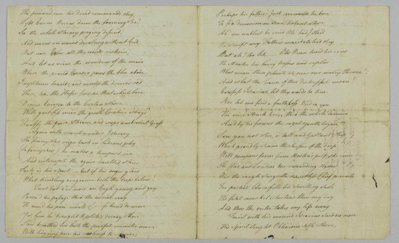 Ocean Manuscript poem by Phillis Wheatley, 1773.