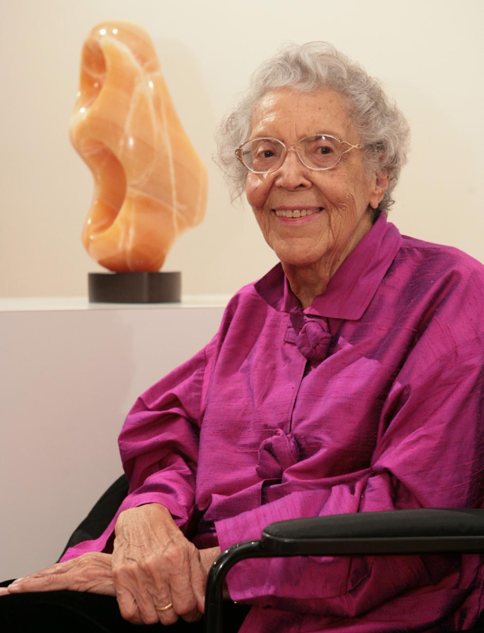 Portrait of sculptor Elizabeth Catlett (1915 - 2012) attending a gallery opening for an exhibition of her work in New York in 2009.