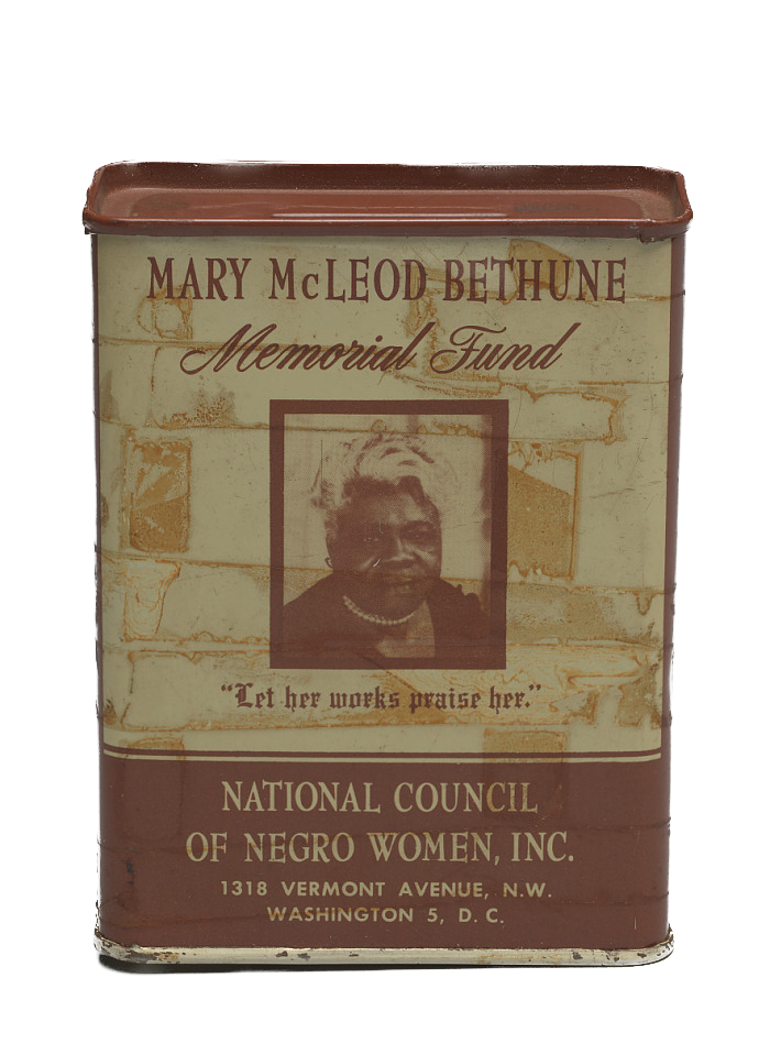A brown-and-white square donation tin created by the National Council of Negro Women, Inc. (NCNW) for the Mary McLeod Bethune Memorial Fund