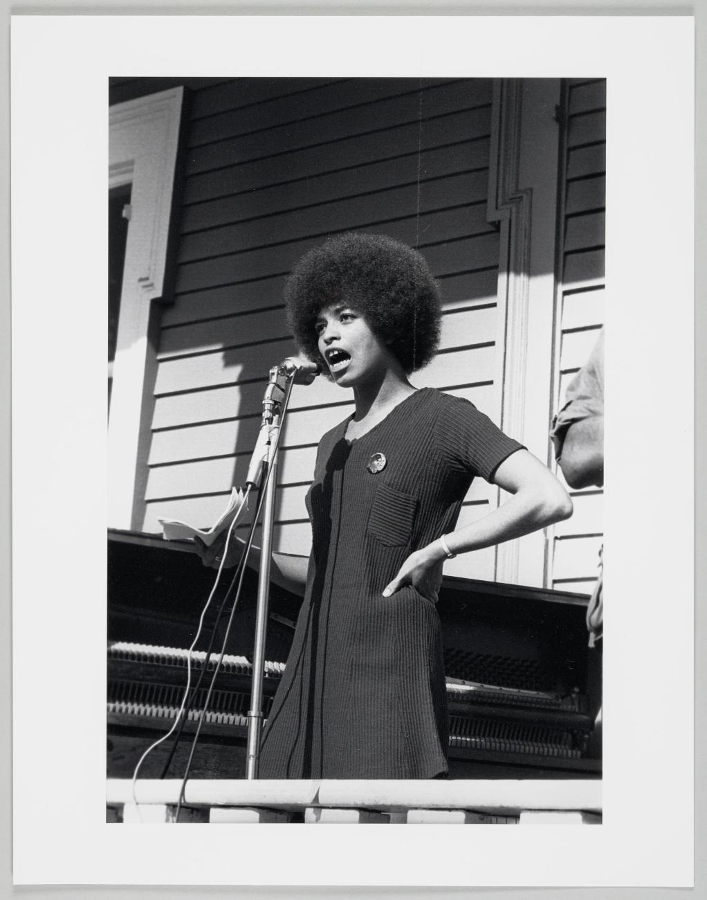 Political activist Angela Davis is speaking during a Free Huey Newton rally in 1969.