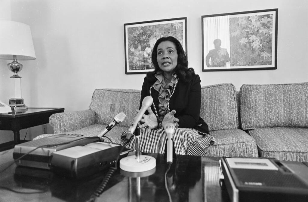 American Civil Rights activist Coretta Scott King (1927 - 2006) speaks during a press conference at the Hyatt Regency Hotel, Chicago, Illinois, January 1, 1980. She was there to speak on progress to make Martin Luther King Day a national holiday.