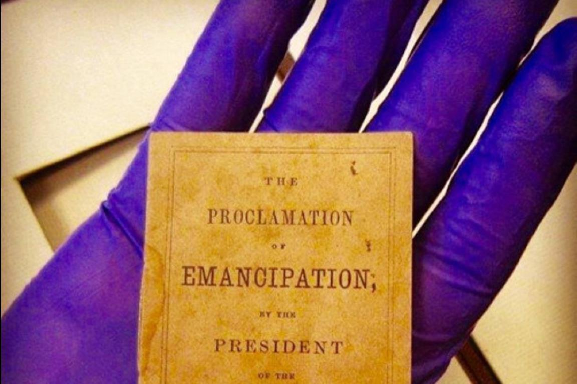 Photo of printed copy of The Proclamation of Emancipation by the President of the United States to take effect January 1st, 1863