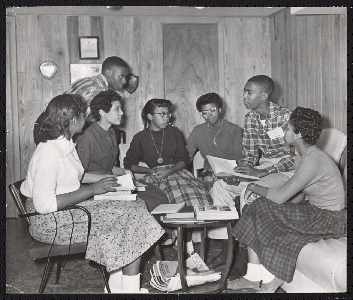 Photograph of seven of the Little Rock Nine meeting at the home of Daisy Bates