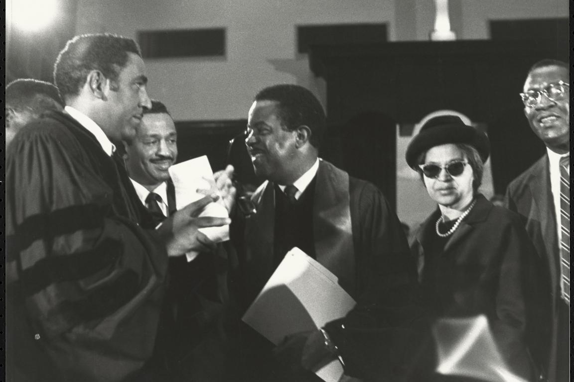 Rev. Dr. Joseph Echols Lowery, Congressman John Conyers, Rev. Dr. Ralph David Abernathy, Mrs. Rosa Parks and Mr. Cleveland Robinson, chatting, 1969.