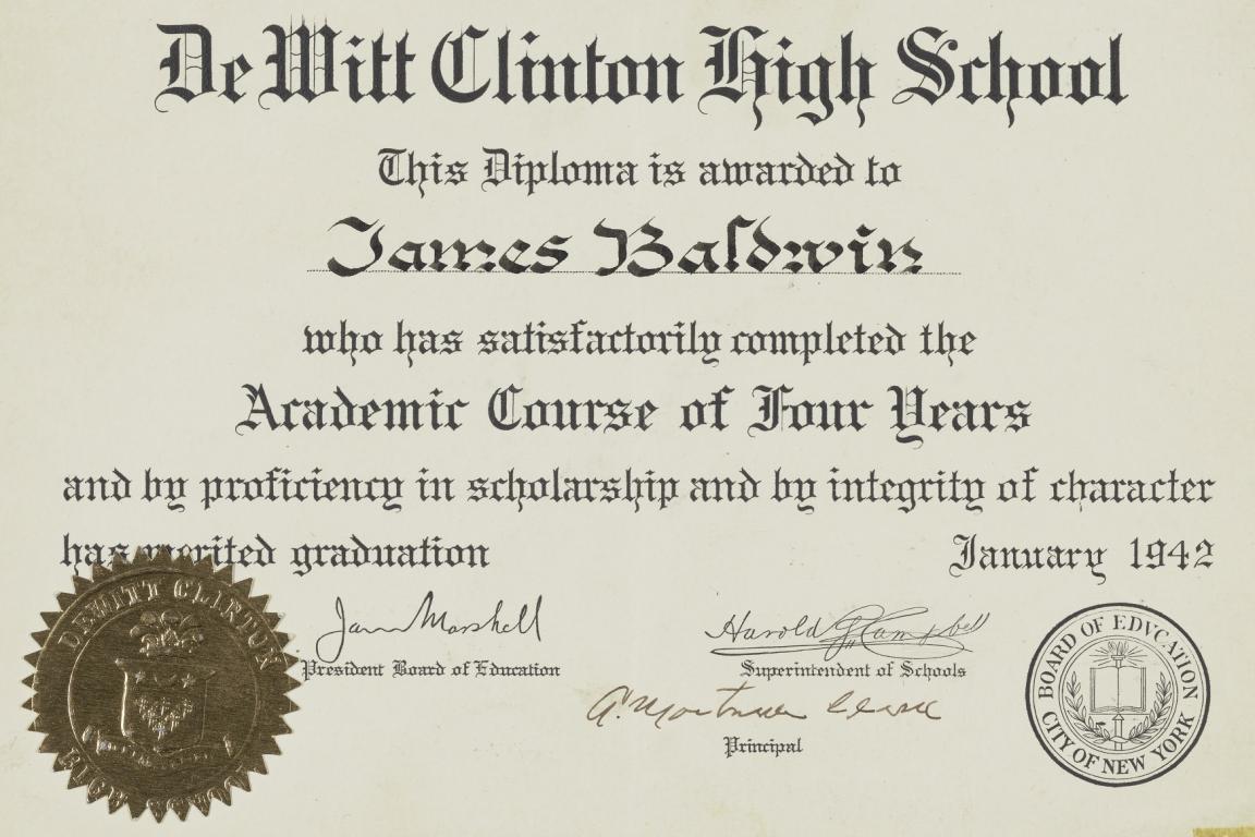 James Baldwin's high school Diploma from DeWitt Clinton High School