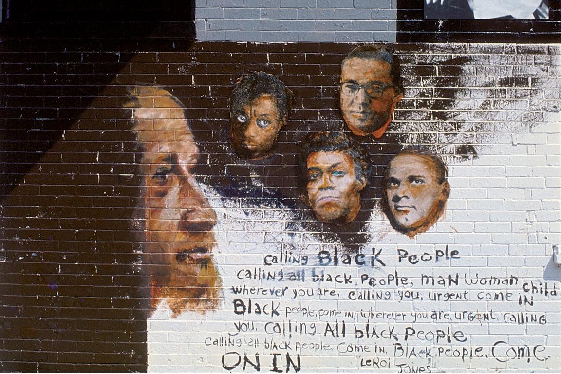 Detail showing the section of 'The Wall of Respect' celebrating black literary figures, Chicago, IL, 1967. It shows the following figures (left to right): W.E.B. Dubois, James Baldwin, Lerone Bennett, LeRoi Jones, Gwendolyn Brooks, and John Killen. The mural was on 43rd and Langley in Chicago's South Side and was conceived by OBAC (The Organization of Black American Culture). It depicts images of "Black Heroes" as positive role models for identity, community formation, and revolutionary action.