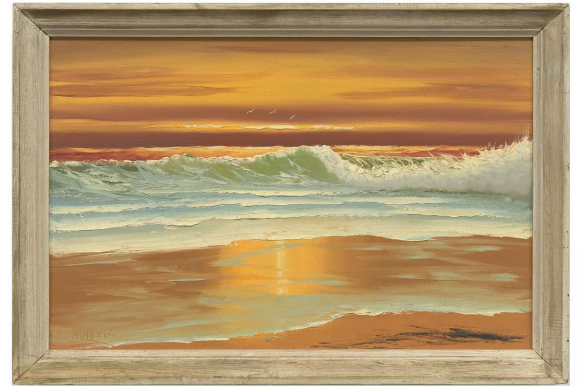 Orange Sky, Breaking Surf, 3 Birds by Alfred Hair, 1941 - 1970, oil paint on fiberboard, ca. 1965