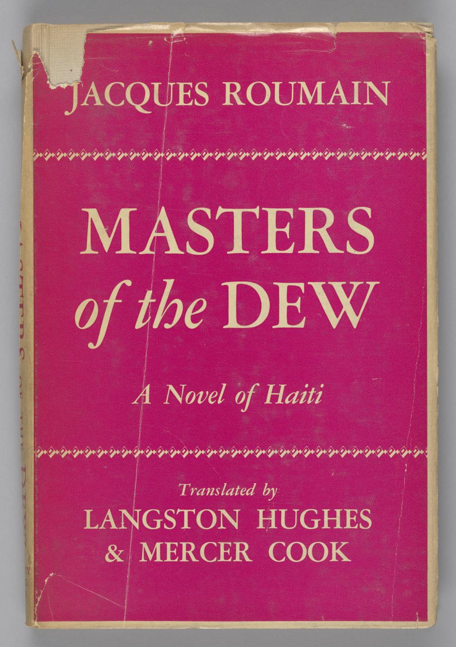 A book by Jacques Roumain (Masters of the Dew) with white text on a pink cover.