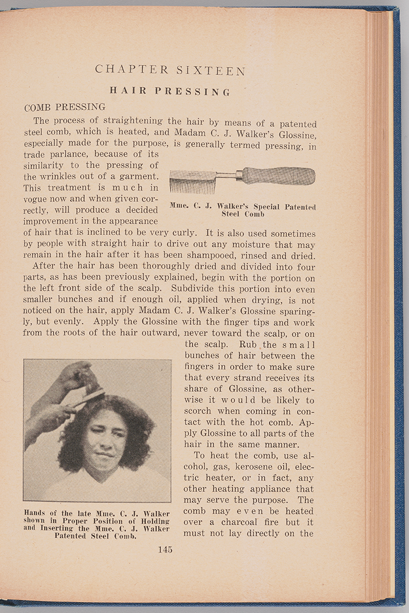 A page from a book with text and an image on the bottom left side of the page of a woman straightening another woman's hair.