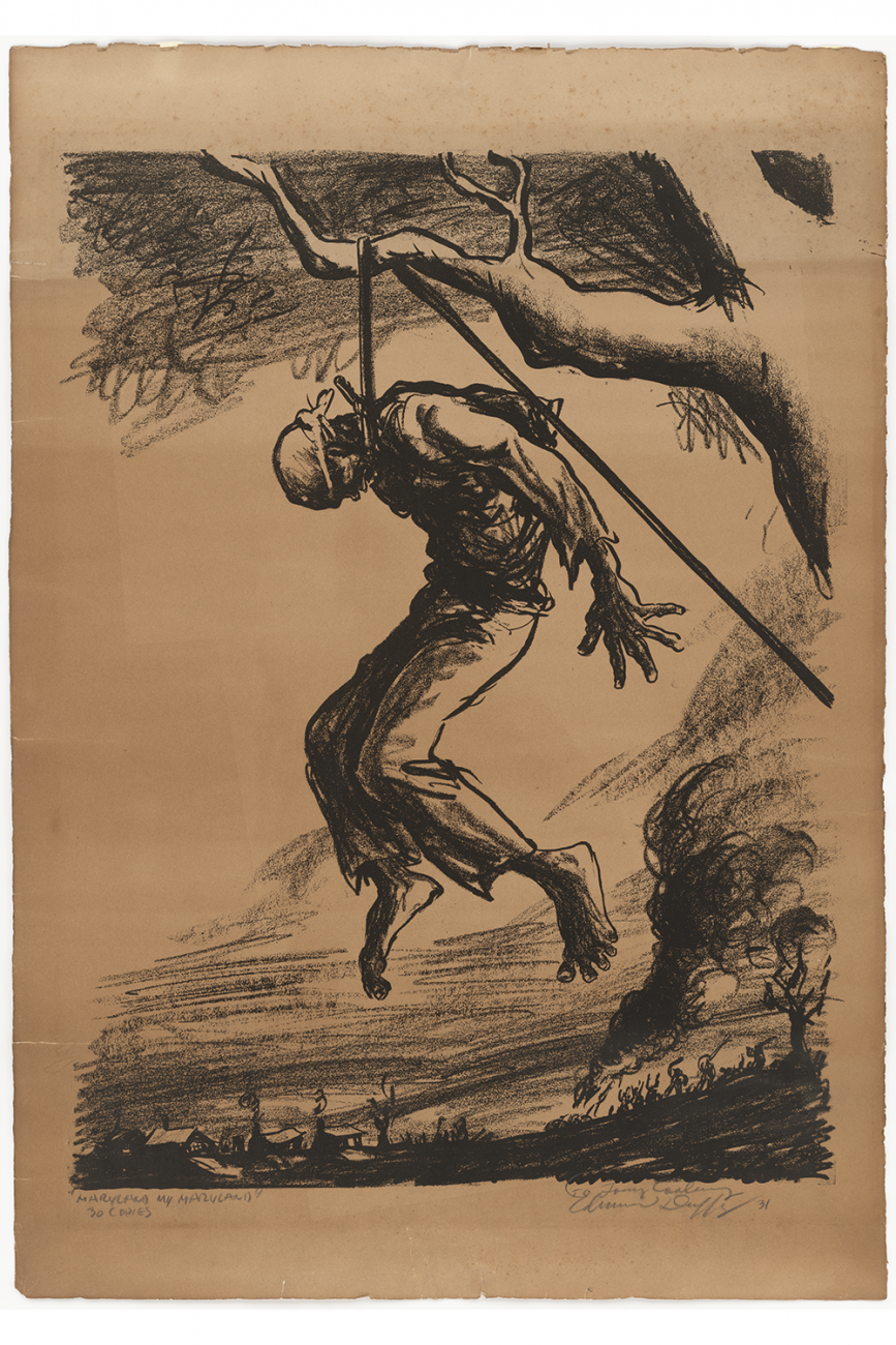 A lithographic print depicting the 1931 lynching of a man hanging from a tree with a rope around his neck.