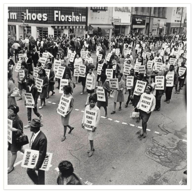 Memphis sanitation workers in a memorial march after the assassination of Dr. Martin Luther King Jr., Memphis, Tenn., April 8, 1968. 