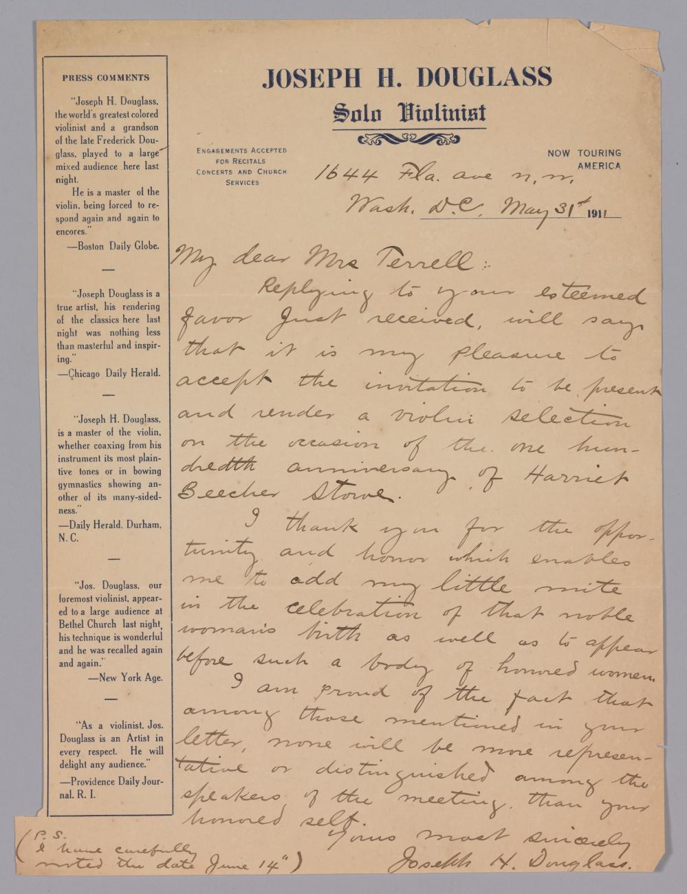 Letter to Mary Church Terrell from Joseph Douglass, grandson of Fredrick Douglass, May 31, 1911.