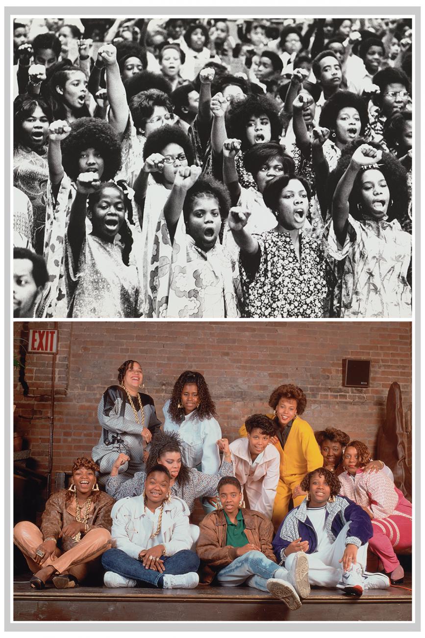 Two photographs of groups of women side by side. The black-and-white photograph on the top shows a crowd of women with their fists raised in a black power gesture. The color photo on the bottom shows a large group of female rappers sitting on a stage.
