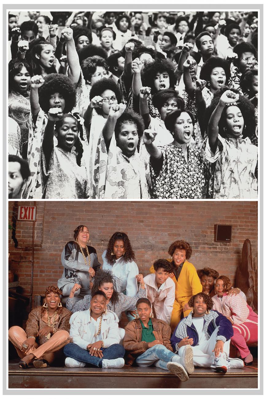 Two photographs of groups of women side by side. The black-and-white photograph on the top shows a crowd of women with their fists raised in a black power gesture. The color photo on the bottom shows a large group of female rappers sitting on a stage. 