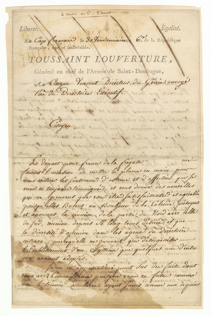 A letter signed by Toussaint Louverture to Charles Humbert Marie Vincent from Cap-Français (now Cap-Haïtien), Haiti, on October 21, 1797.