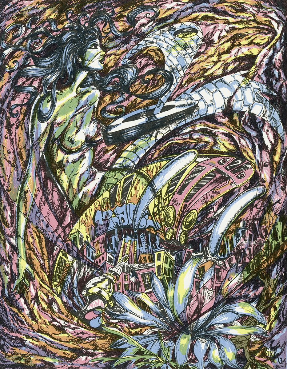 A large bare-chested woman amidst a subway car and urban cityscape on a pyschadelic, multi-colored background.