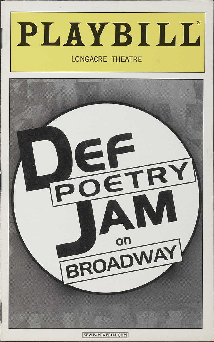 Playbill for Def Poetry Jam on Broadway. White background with yellow box at top, gray box below with large white circle center, title over the top in black.