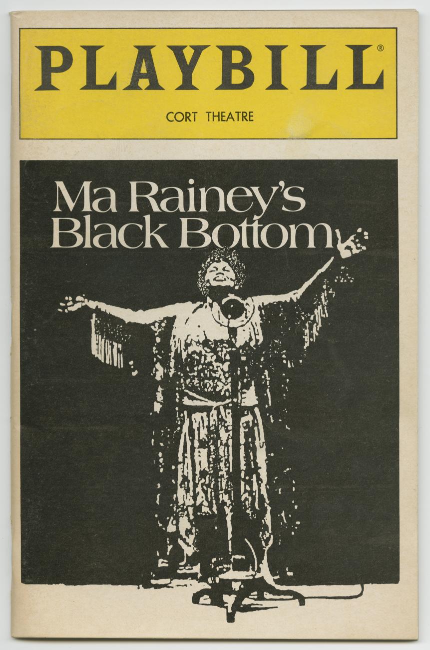 Playbill featuring a graphic of a woman in front of a microphone with her arms stretched out to her sides.