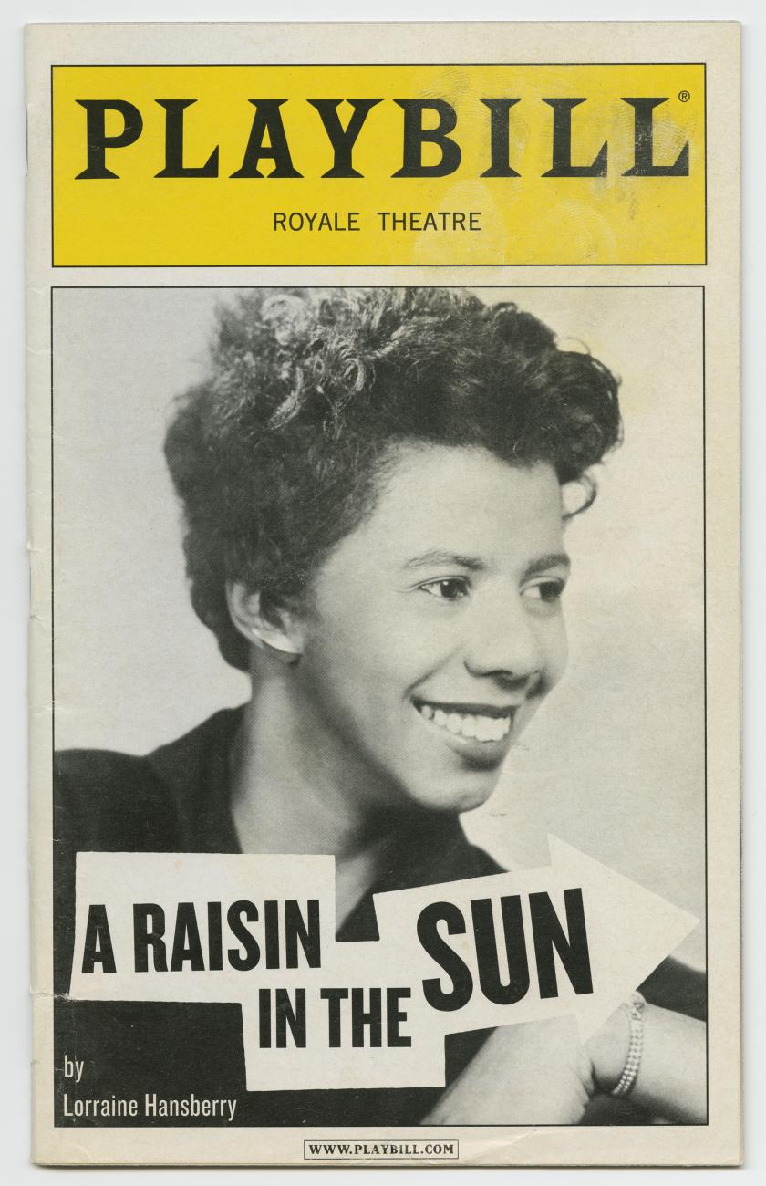 Playbill for A Raisin in the Sun. White background with yellow box at top; photograph below depicting a short-haired woman looking to the right.