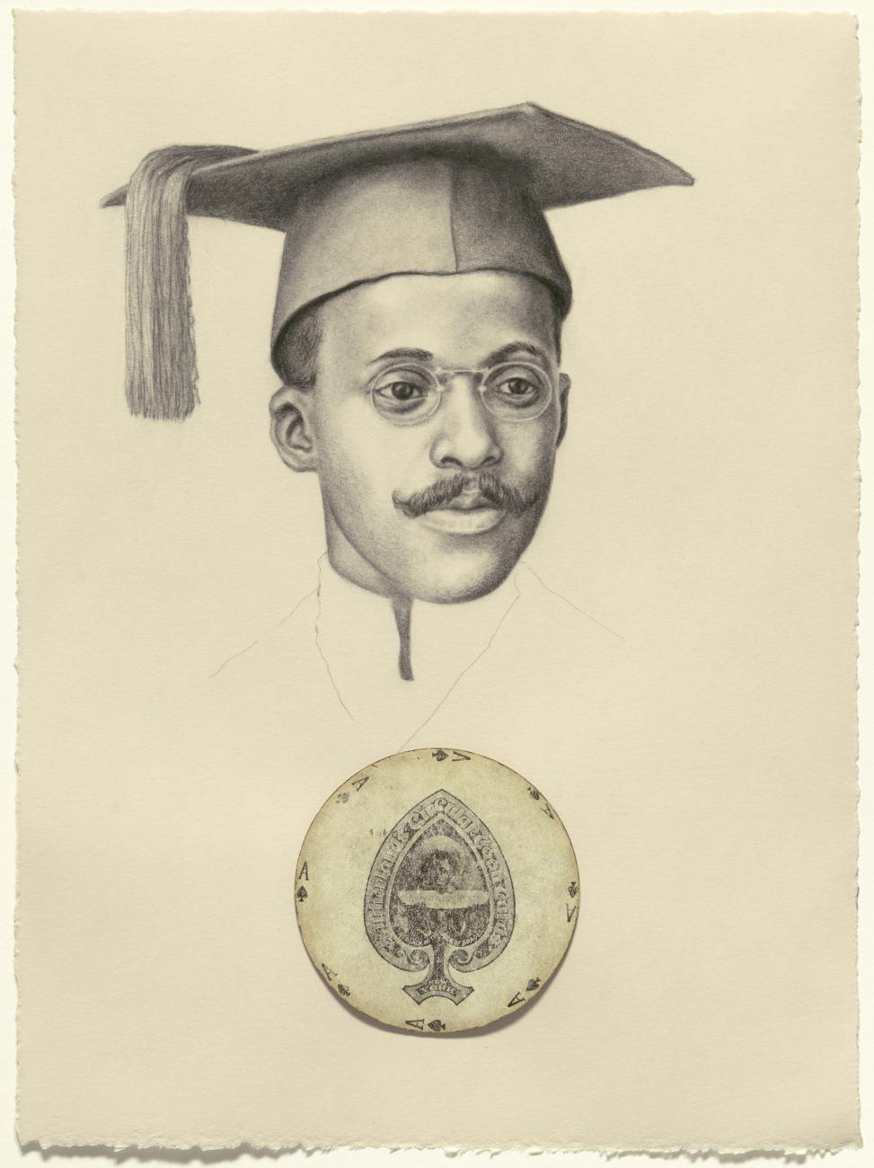 A portrait of an African American man wearing a mortarboard, glasses, and a moustache. Beneath, the ace of spades.