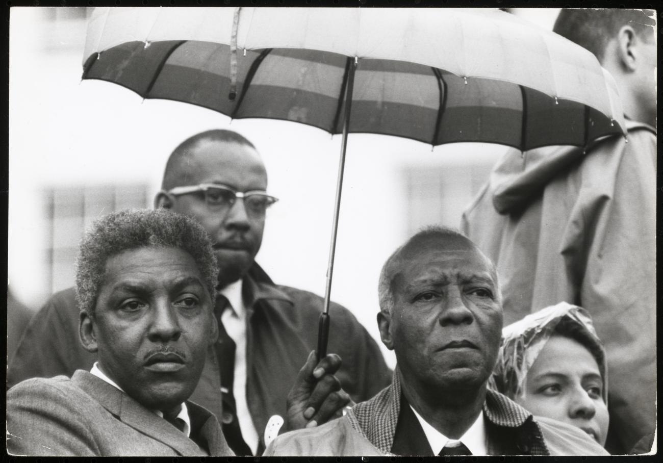 A black-and-white photograph of Bayard Rustin and A. Philip Randolph standing in a crowd at the Selma March with an umbrella over their heads.
