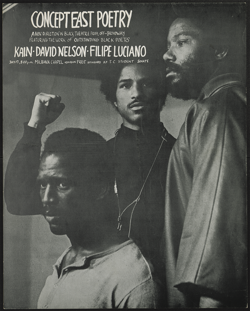 A poster for Concept-East Poetry advertising a performance by KAIN, David Nelson, and Felipe Luciano.
