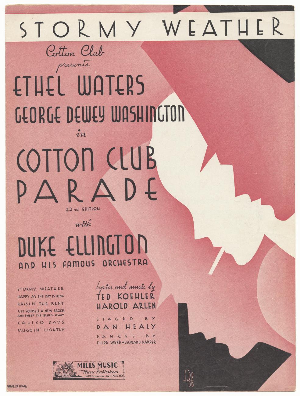 Sheet music for the song "Stormy Weather" from the production of the 22nd Edition of the Cotton Club Parade. The cover is red and features silhouettes of performers on the right side.
