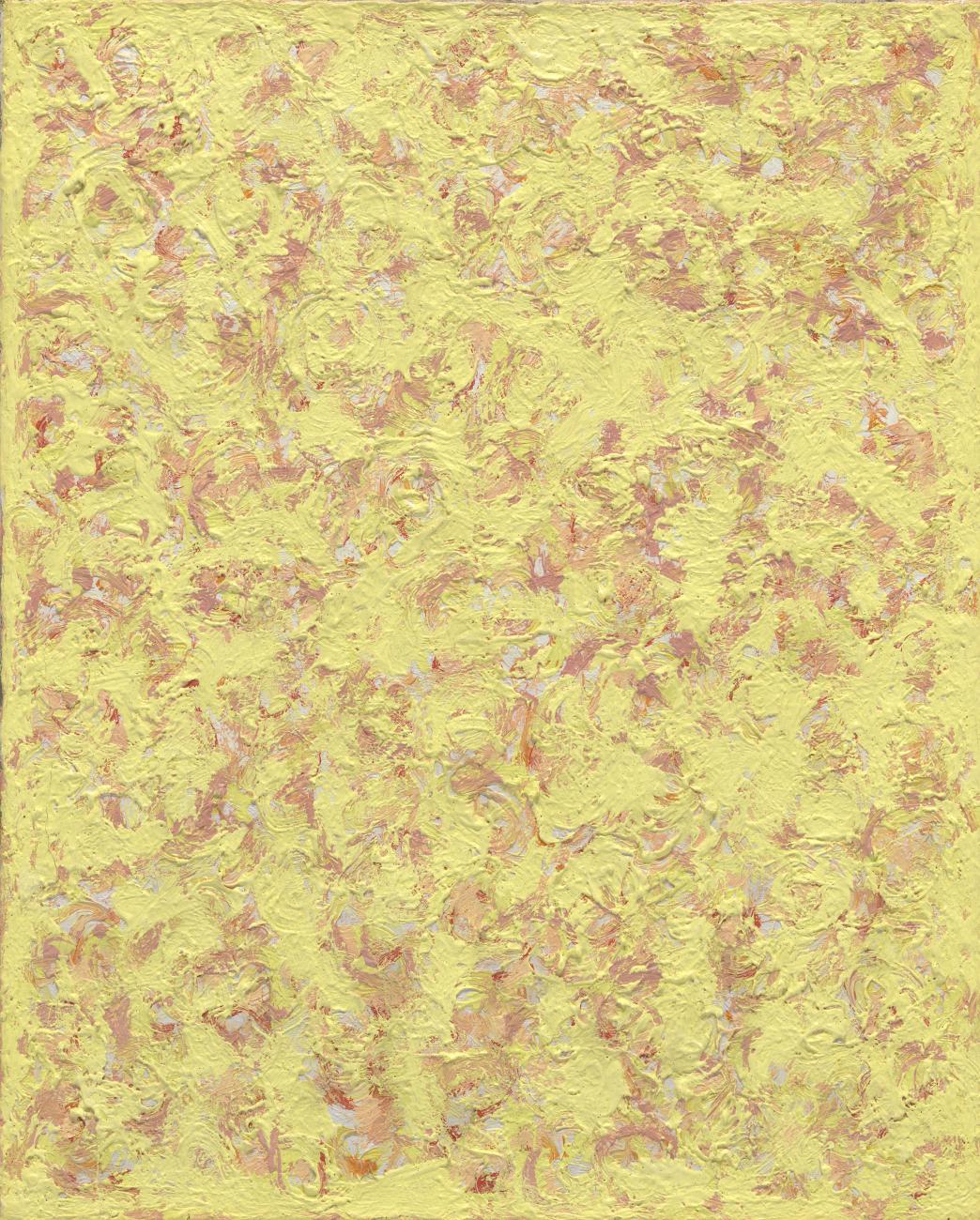n abstract oil painting done in colors of primarily yellow and orange-pink against an off-white background