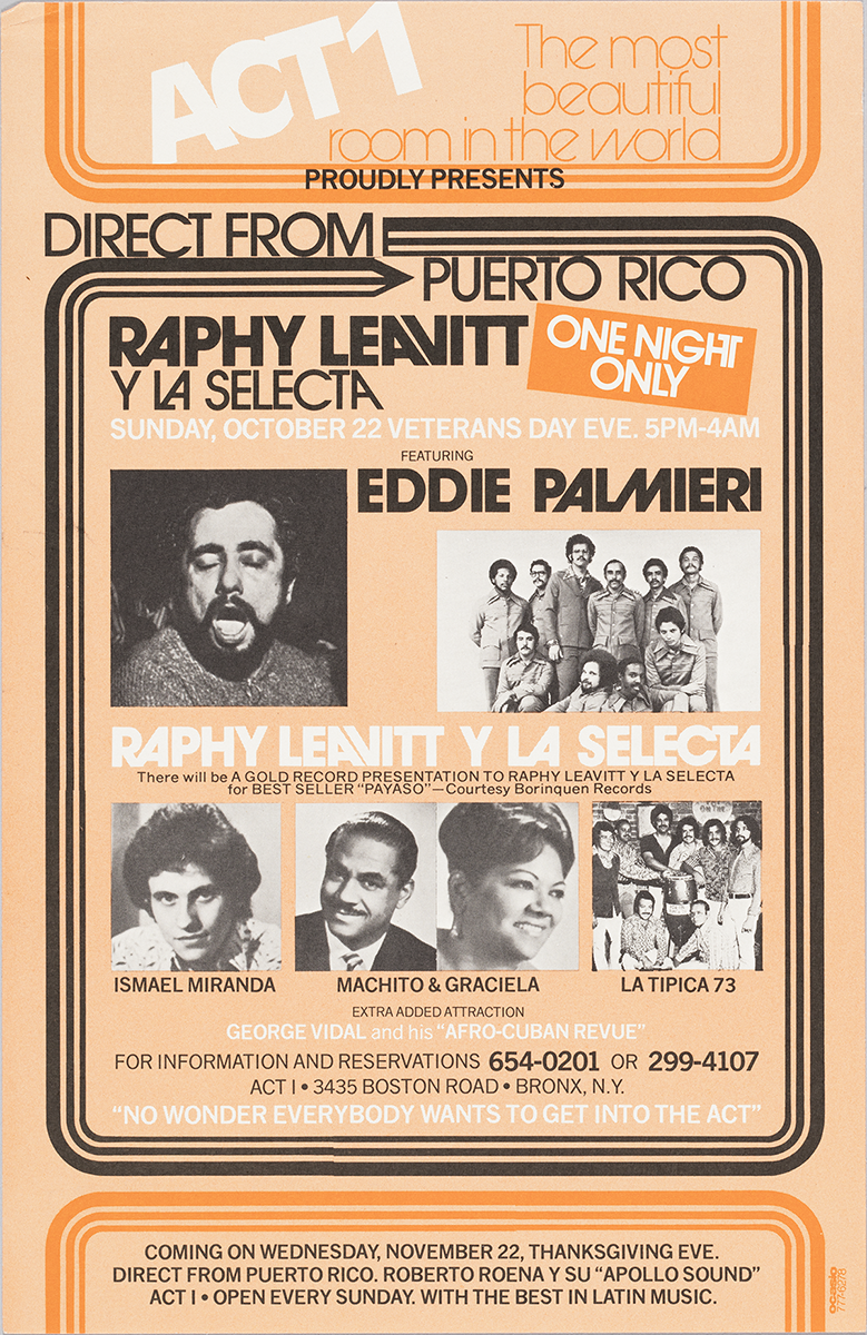This flyer advertises a concert featuring Raphy Leavitt y La Selecta. The flyer is pink with black white and orange text and features photographs of Eddie Palmieri, La Selecta, Ismael Miranda, Machito & Graciela, and La Tipicia 73.