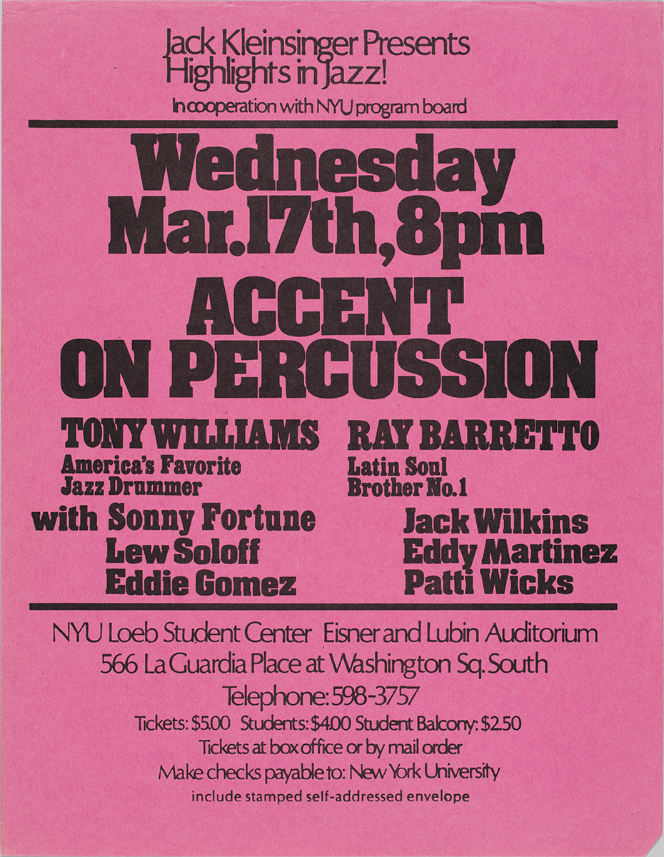 This flyer announces an evening of jazz at NYU Loeb Student Center put on by Jack Kleinsinger Presents Highlights in Jazz!. The flyer is dark pink with black letters.