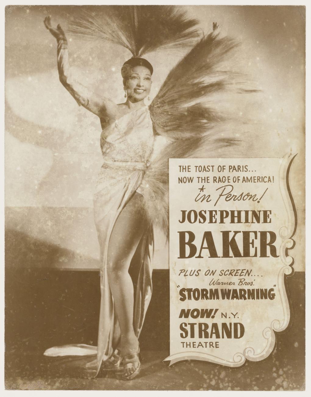 An image of Josephine Baker in costume with an advertisement for a performance.