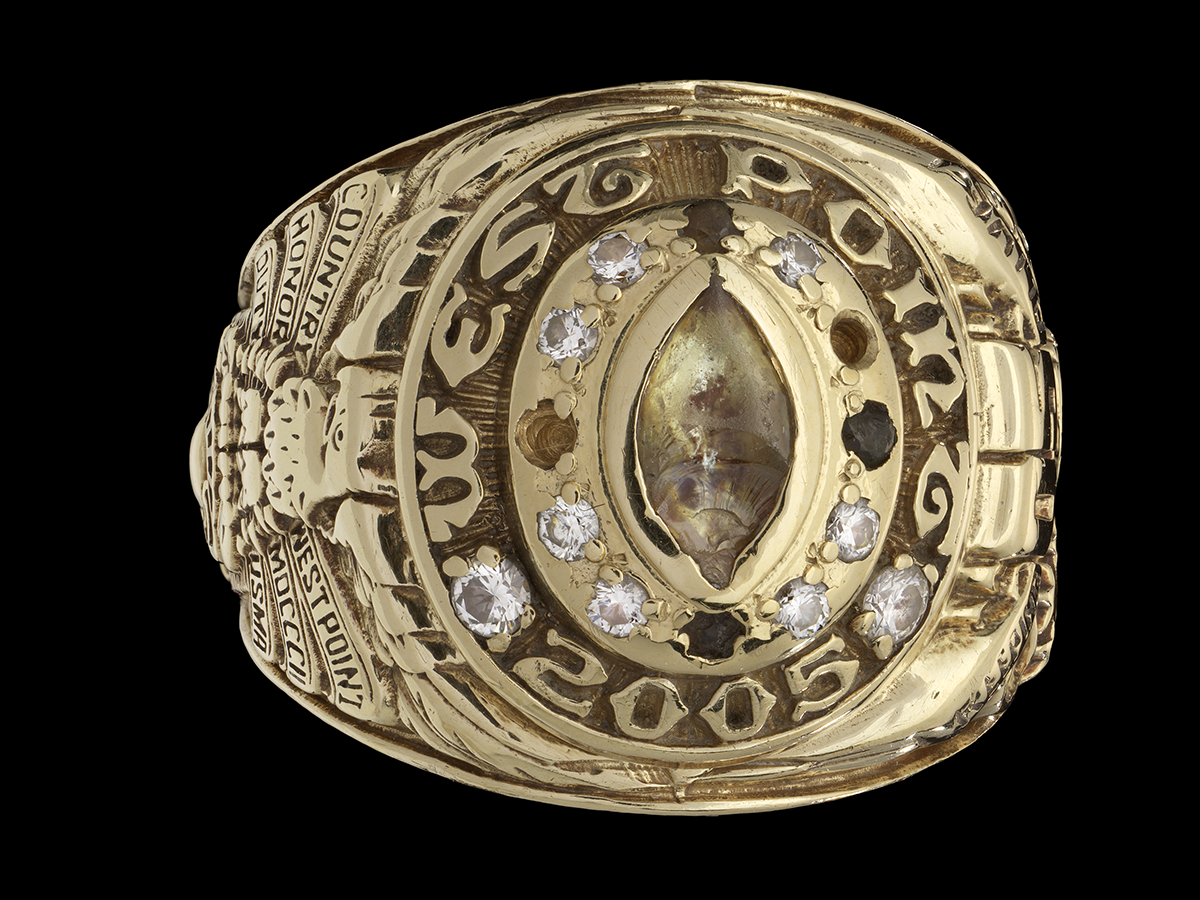 A 2005 West Point class ring owned by Lieutenant Emily J. T. Perez.
