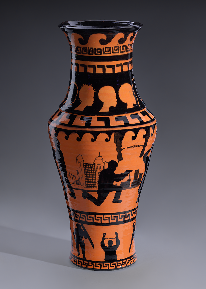 A black and orange krater in the form and style of ancient Greek kraters depicting images of police brutality against persons of color.