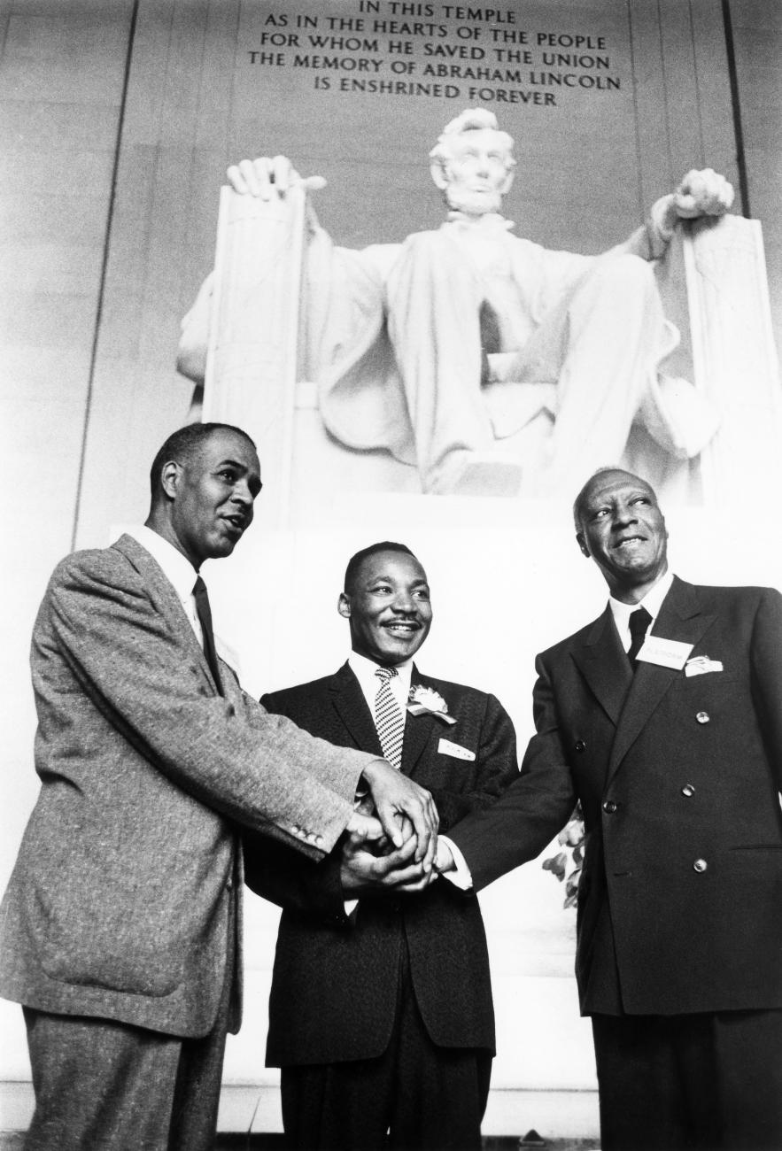 Martin Luther King, Jr. (center), the first president of the newly formed Southern Christian Leadership Conference with Roy Wilkins (left), executive secretary of the NAACP, and A. Philip Randolph (right), vice president of the national labor union, AFL-CIO, 1957