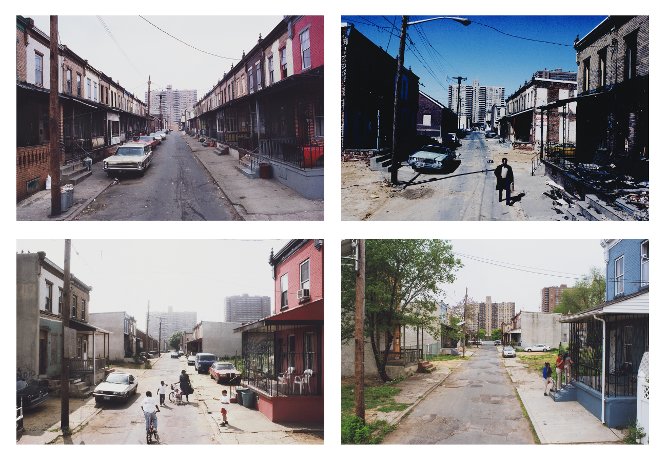 Four photographs of buildings along a street.