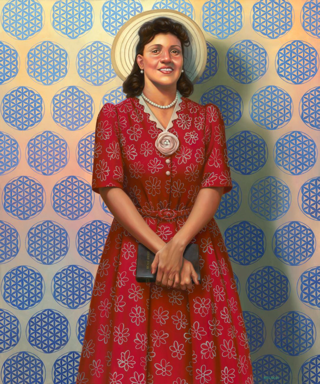 Portrait painting of Henrietta Lacks wearing a red dress with silver floral pattern, tan broad brimmed hat, and pearl neckless and earrings. Her hands are crossed in front of her body holding a bible. In the background is a wall covered in large circles with a blue geometric pattern.
