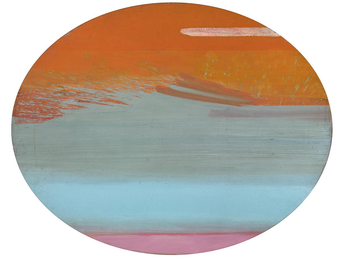 oval shaped painting with orange, blue, and red stripes. The blue stripe also shows through parts of the orange stripe.