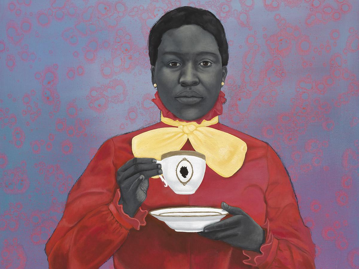 woman with short black hair, wearing a fancy red blouse with a yellow scarf tied around the high neck of the blouse. She is holding a tea cup and saucer in a prim and proper manor.