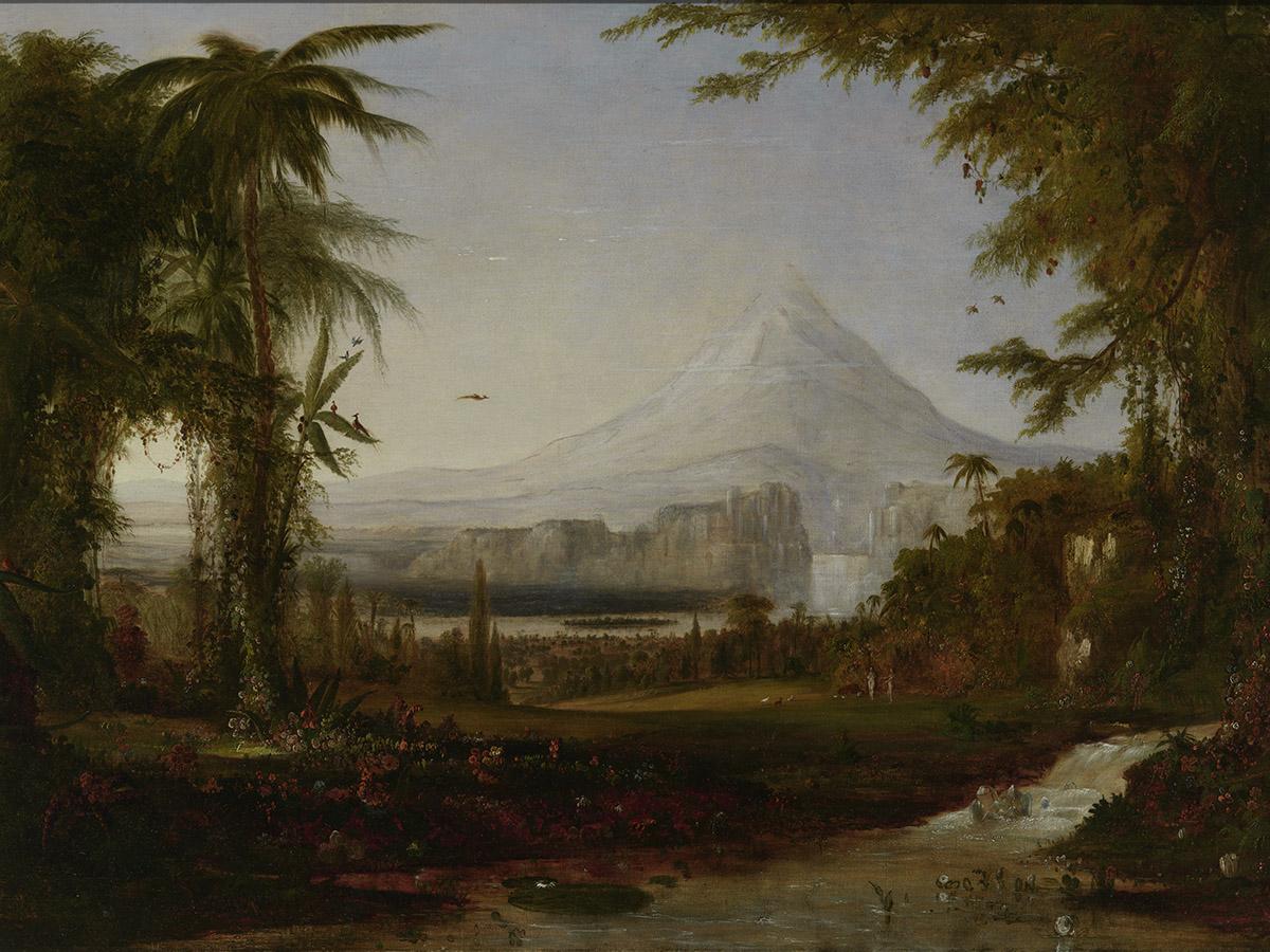 Paining of an opening in a tropical wooded area with a stream in the foreground and large snow capped mountain in the background.