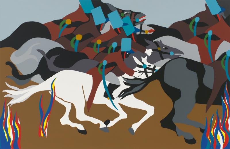 This silkscreen print depicts ranks of soldiers mounted on horseback. 