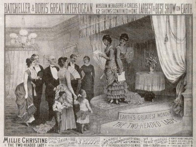 Millie and Christine, Newspaper caption reads "Millie Christine, The Two Headed lady