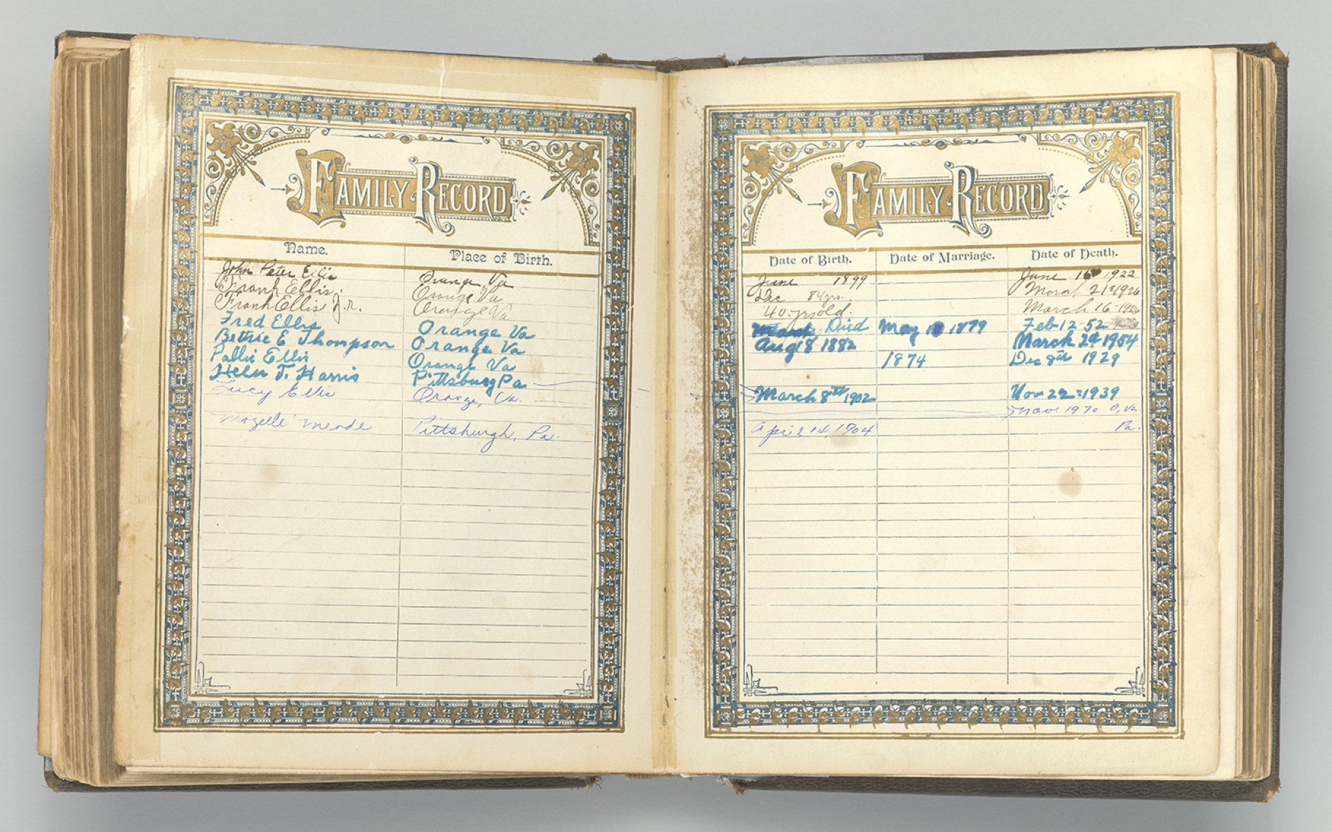A family bible with names written in.