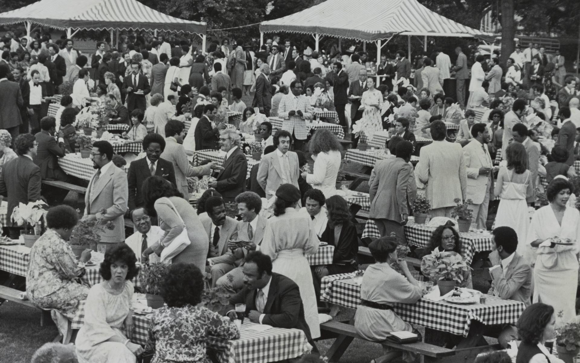 black and white image of an African American outdoor picnic